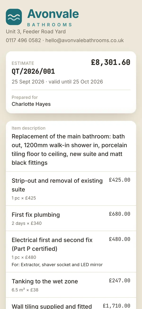 The same estimate as the customer sees it on a phone, with the fitter's logo at the top