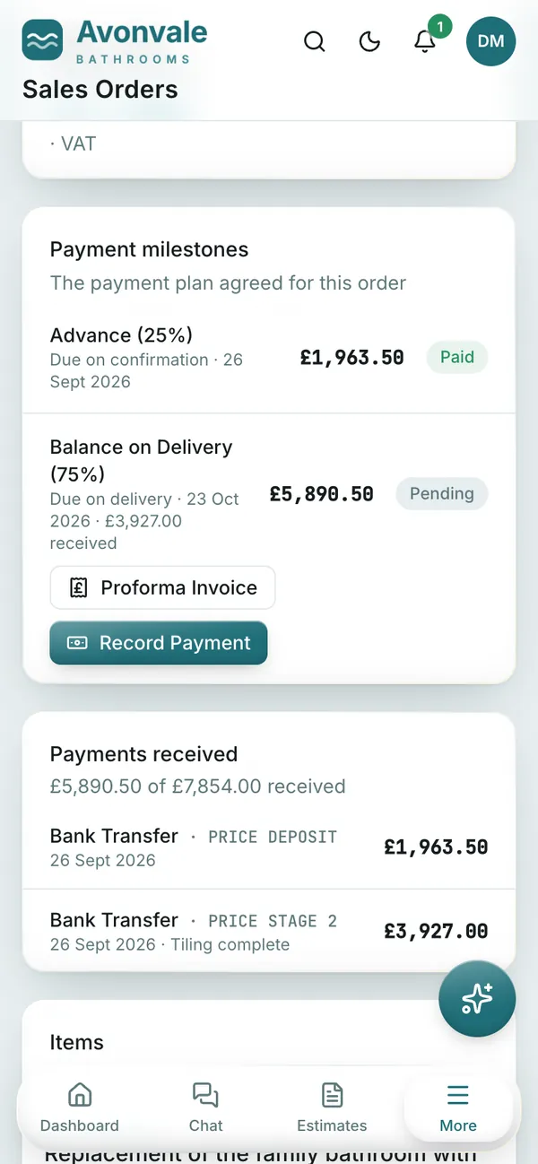 A bathroom order on a phone: the 25% deposit paid, a stage payment received when tiling was finished, and the rest of the balance pending