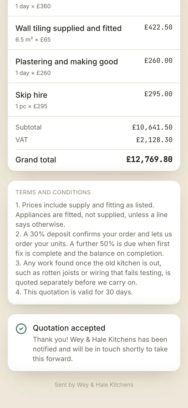 The foot of the customer's kitchen quotation after they accepted it: the VAT total, the fitter's terms, and a note that the fitter has been told