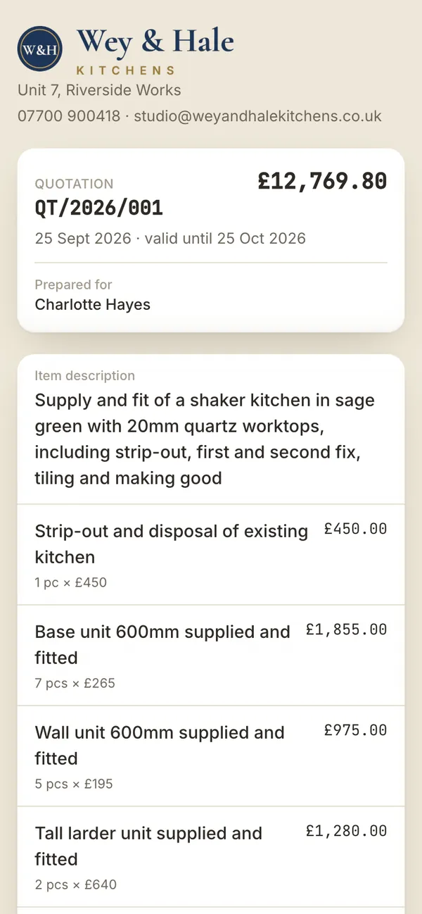 The same kitchen quotation as the customer sees it on a phone, with the fitter's logo at the top