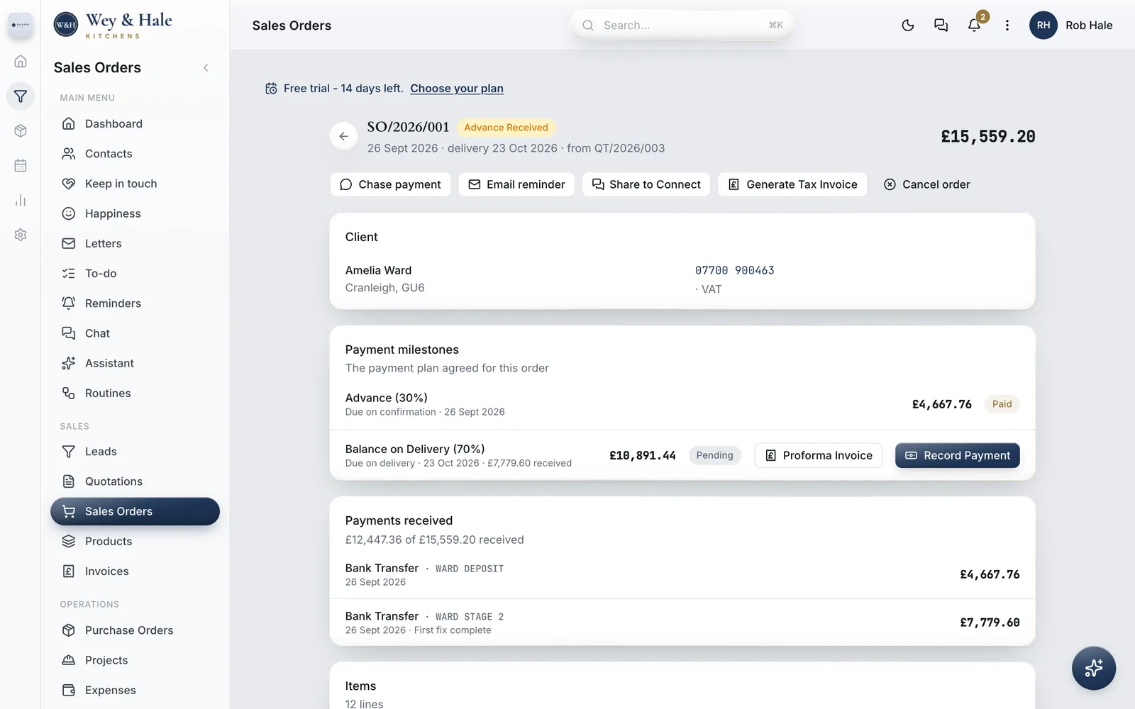 A kitchen order made from an accepted quotation: the 30% deposit paid, a stage payment recorded at first fix, and the rest of the balance due on the completion date