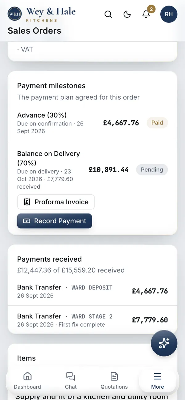 A kitchen order on a phone: a 30% deposit paid, a stage payment received at first fix, and the rest of the balance pending