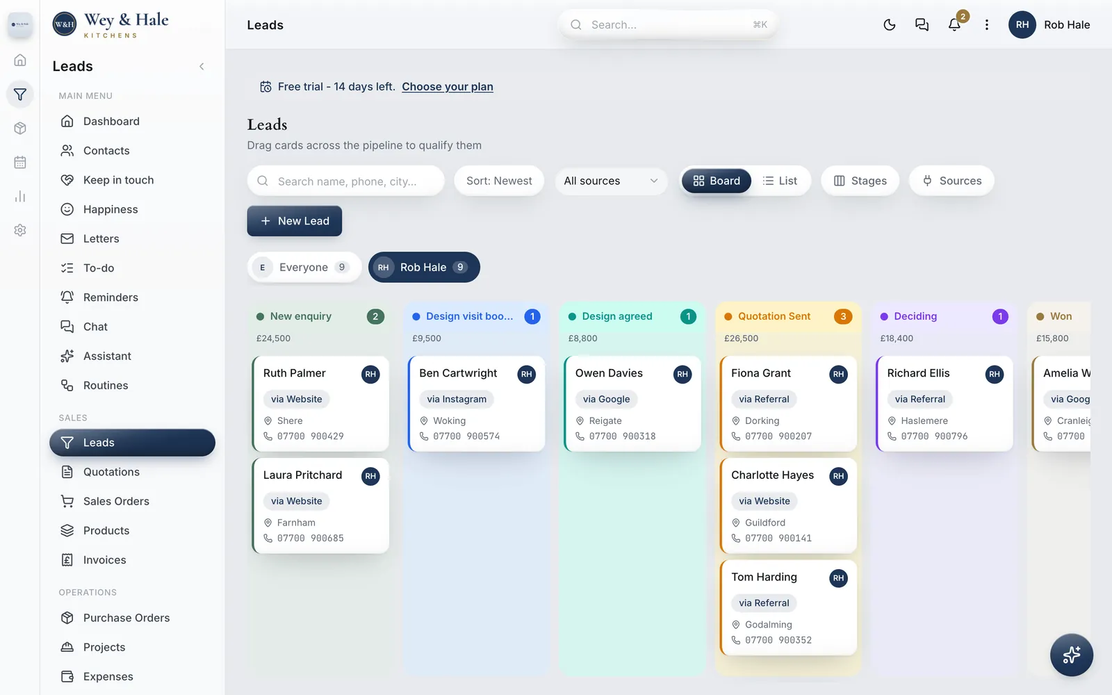 The leads board with stages named new enquiry, design visit booked, design agreed, quotation sent, deciding and won, each column showing its total value