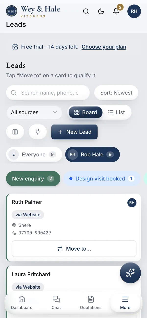 The leads board on a phone, one stage at a time, with the stages renamed for a kitchen business