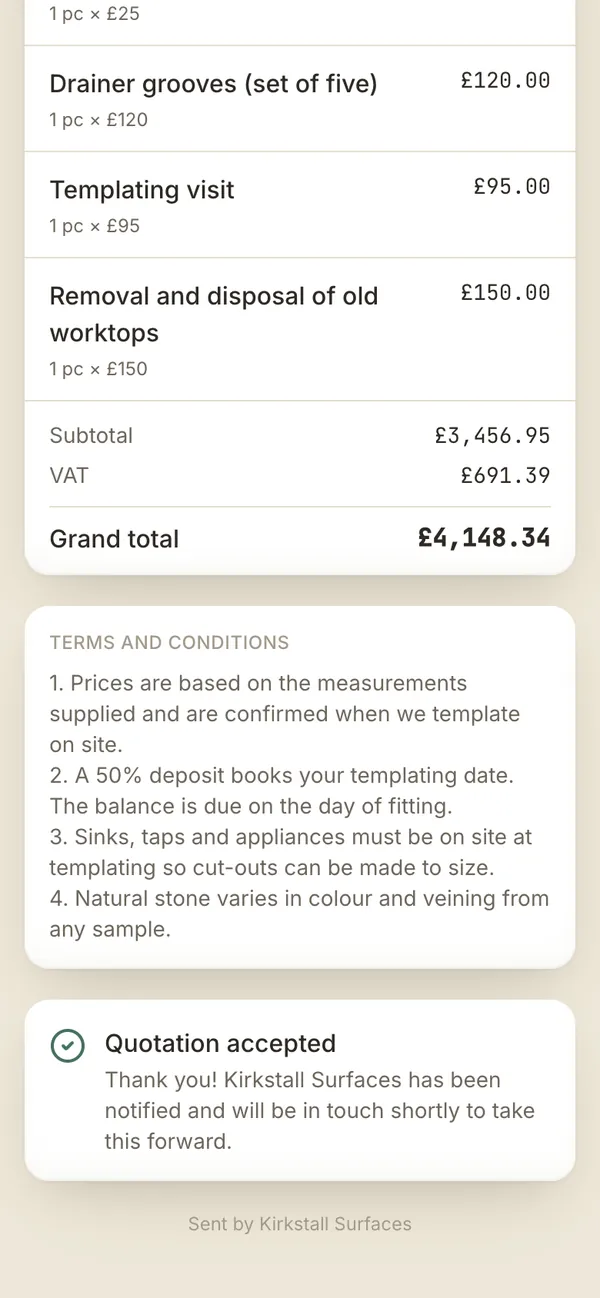 The foot of the customer's quotation after they accepted it: the VAT total, the fabricator's terms, and a note that the fabricator has been told