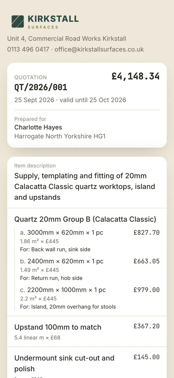 The same quotation as the customer sees it on a phone, with the fabricator's logo and each piece listed with its sizes