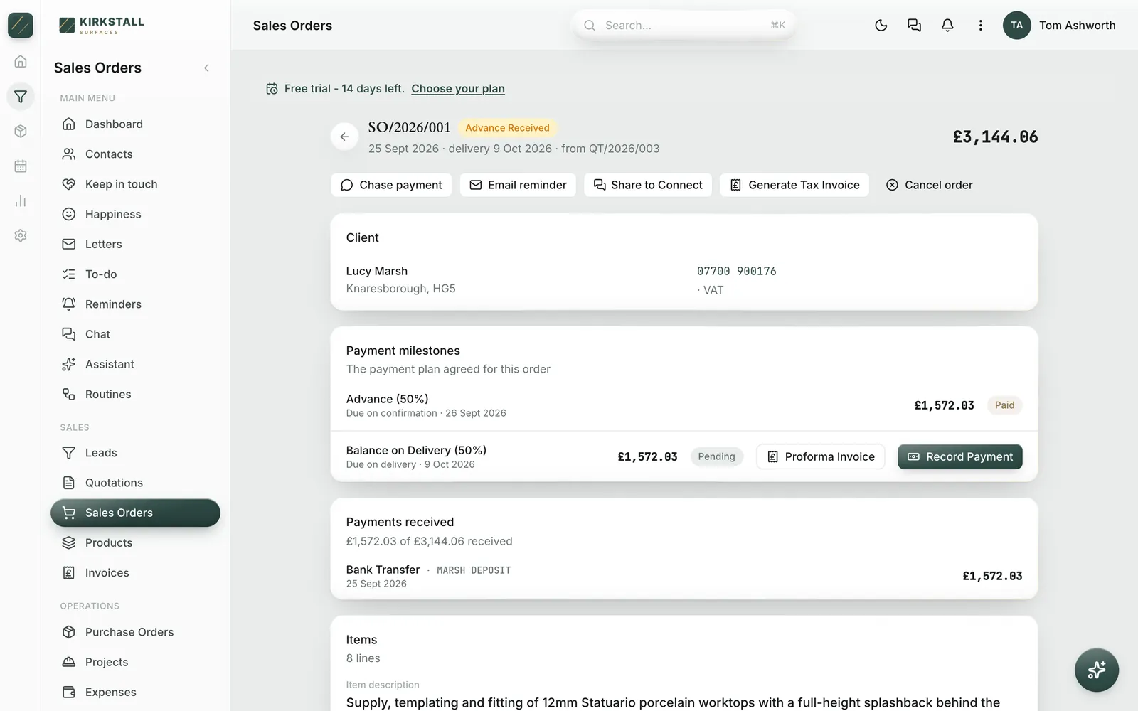 A sales order made from an accepted quotation: a 50% deposit marked paid by bank transfer, and the balance due on the fitting date