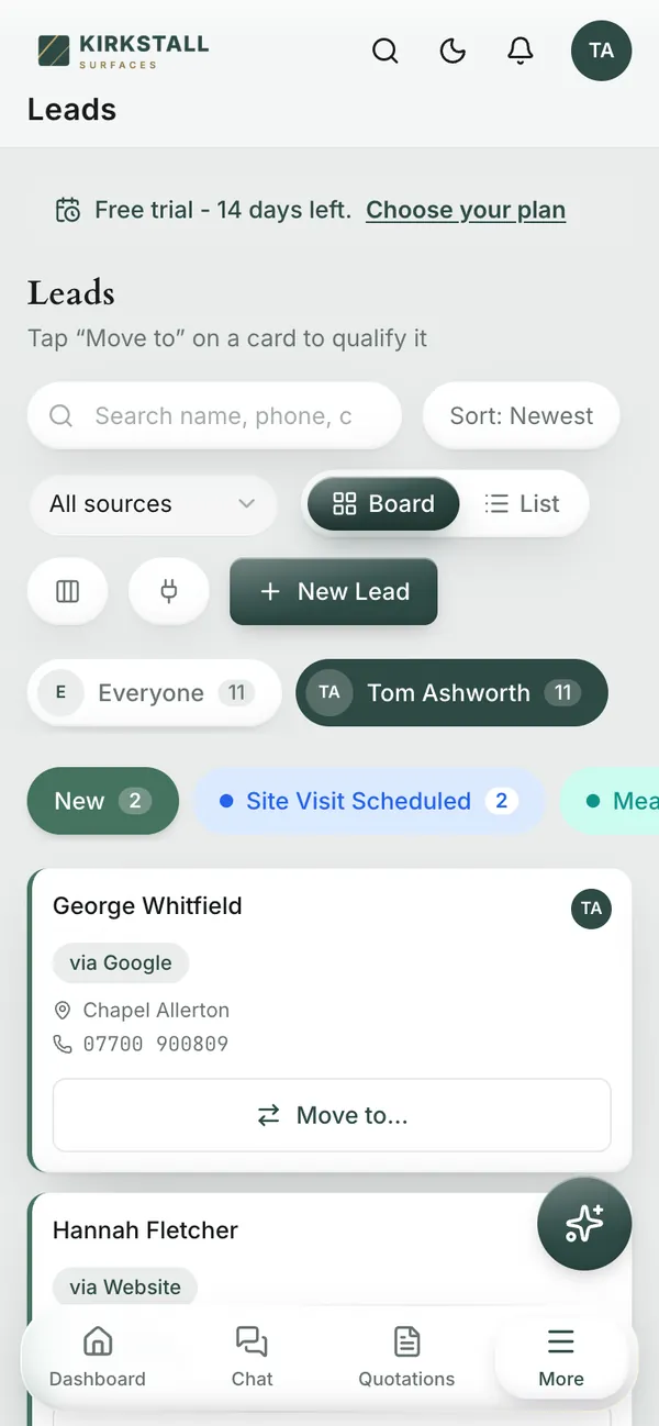 The leads board on a phone: one stage at a time, each enquiry with a Move to button